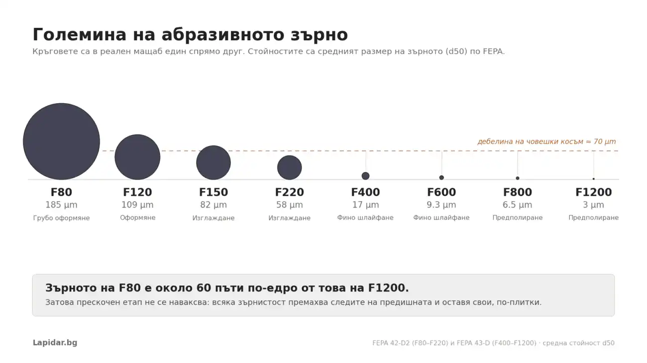 Диаграма в реален мащаб на големината на абразивното зърно от F80 (185 µm) до F1200 (3 µm) по FEPA, с човешки косъм като отправна точка