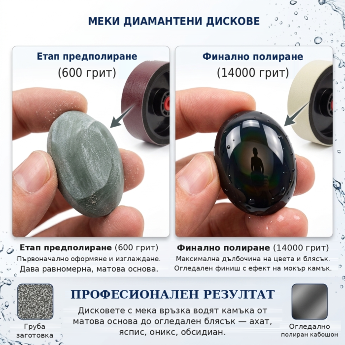 Инфографика: етапите на полиране със смолни колела — 600 грит за предполиране и 14000 грит за огледален финиш